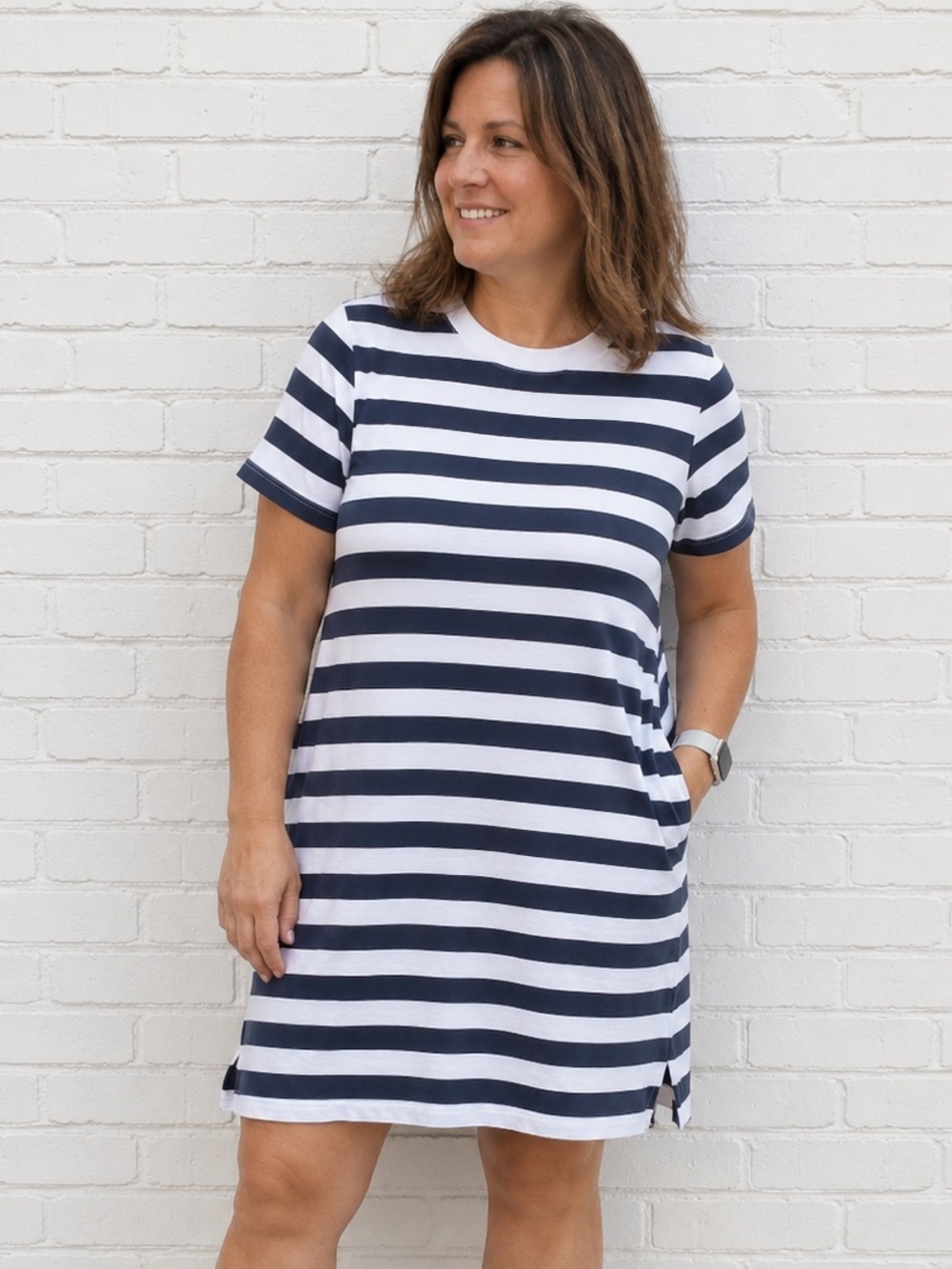 Old Navy Navy & White Striped T-Shirt Dress Medium 100% Cotton Coastal